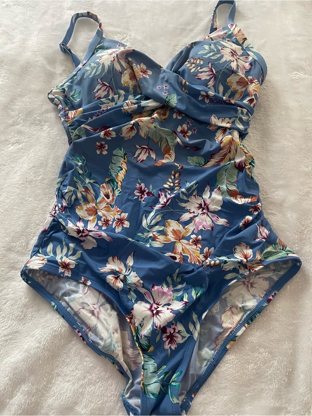 Jantzen size 12 blue tropical floral one piece tummy flattering lined bra adjust